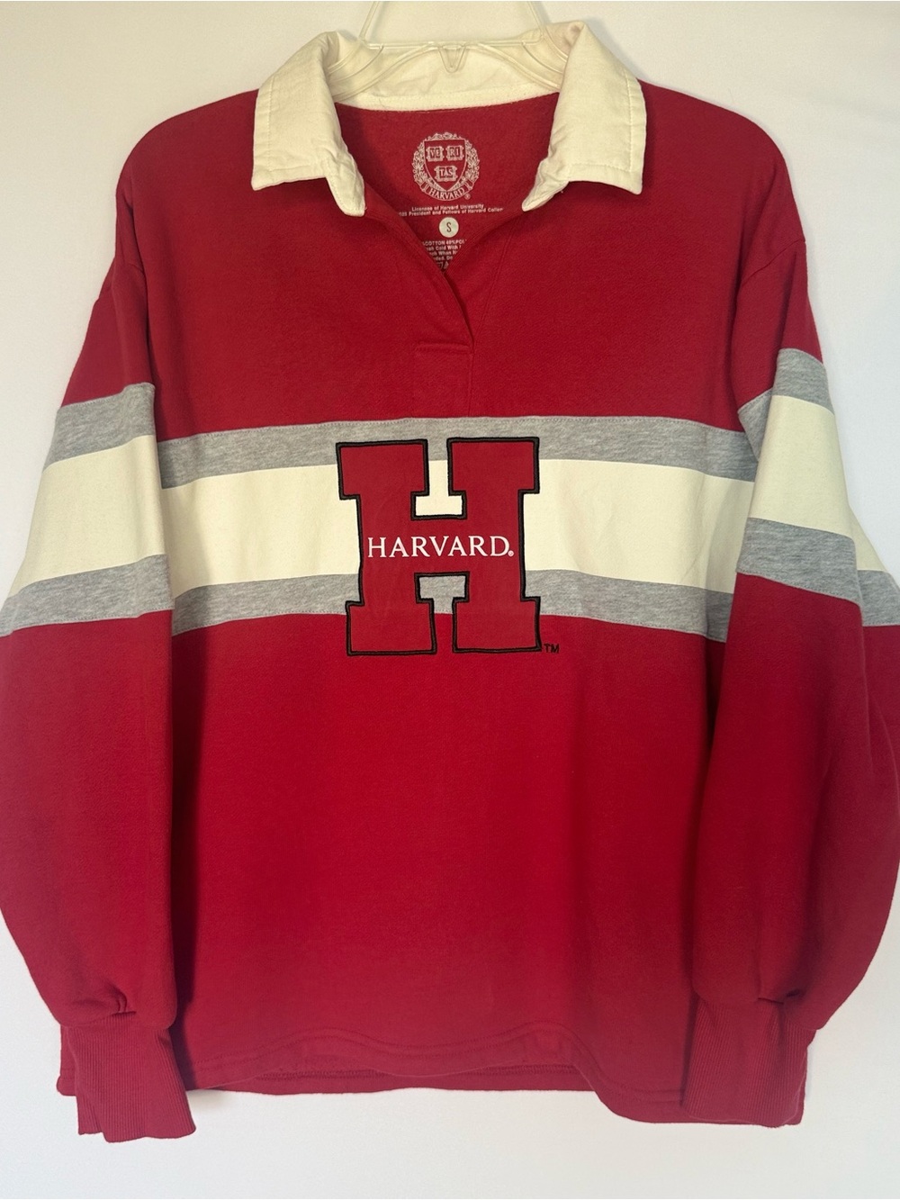 Men's S Harvard Red Rugby Sweater with Cream & Gray Stripes